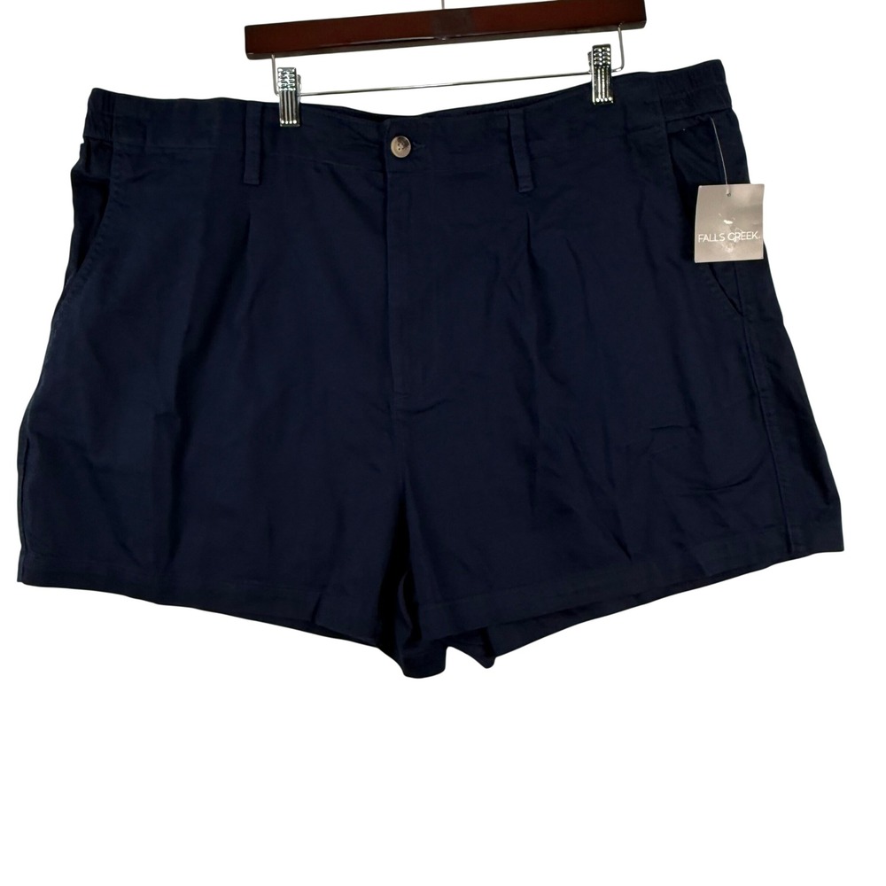 Falls Creek Women 3X Pleated Shorts Navy Blue Cotton Rayon Elastic Waist Preppy